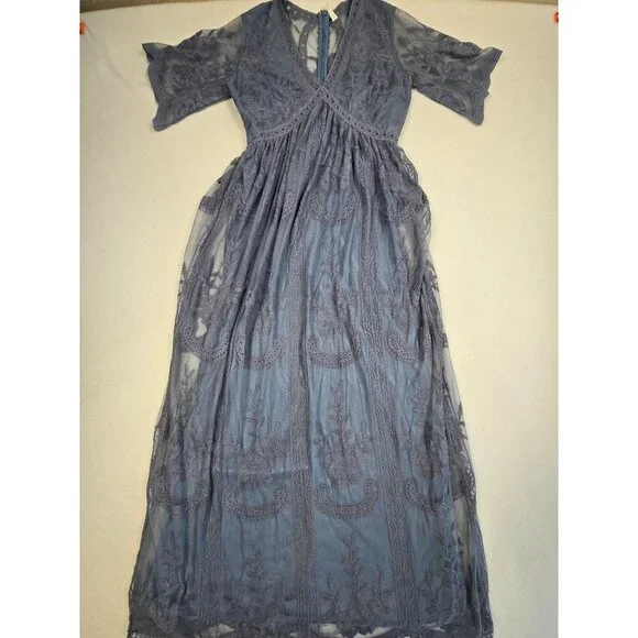 PinkBlush Blue Lace Mesh Overlay Maxi Dress Small Boho Fairy Feminine Empire Wai - Picture 3 of 8